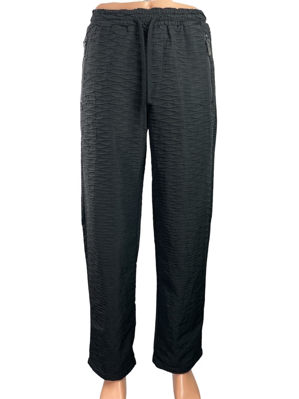 Forever 21 Black Textured Drawstring High Waisted Straight Leg Trousers Pants S